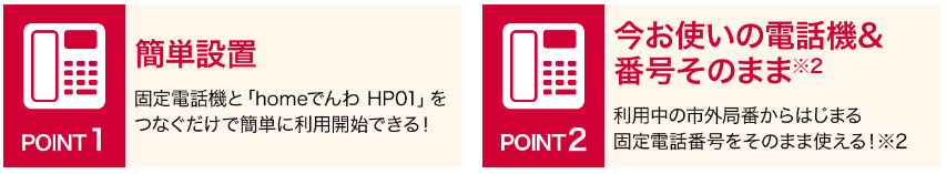 特徴①簡単設置　特徴②今お使いの電話機＆番号そのまま