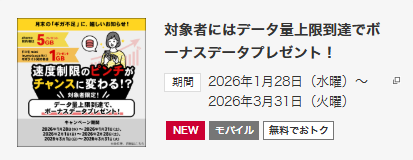 対象者にはデータ量上限達成でボーナスデータプレゼント!